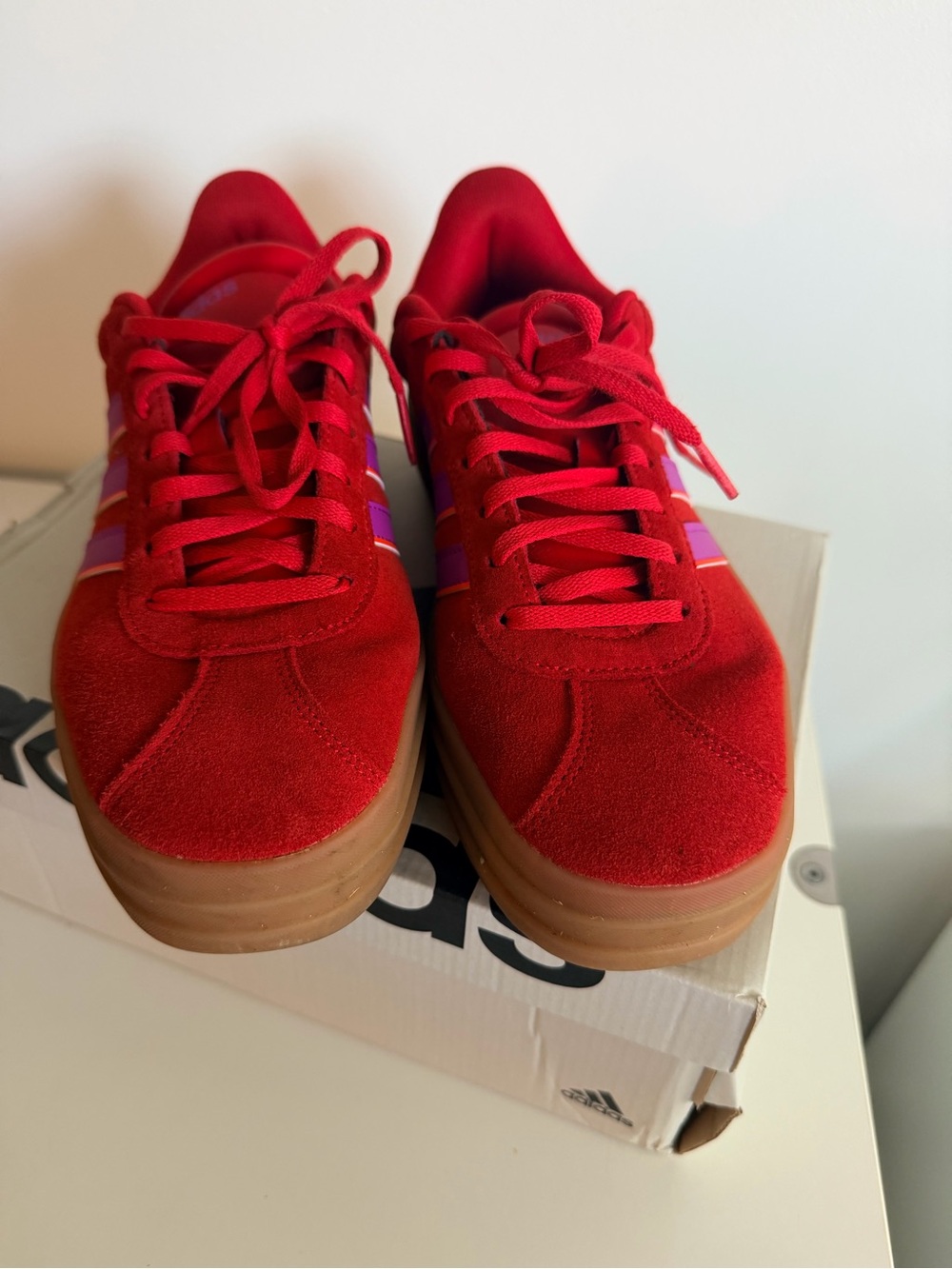 Adidas Red Suede Platform Sneakers with Pink Stripe